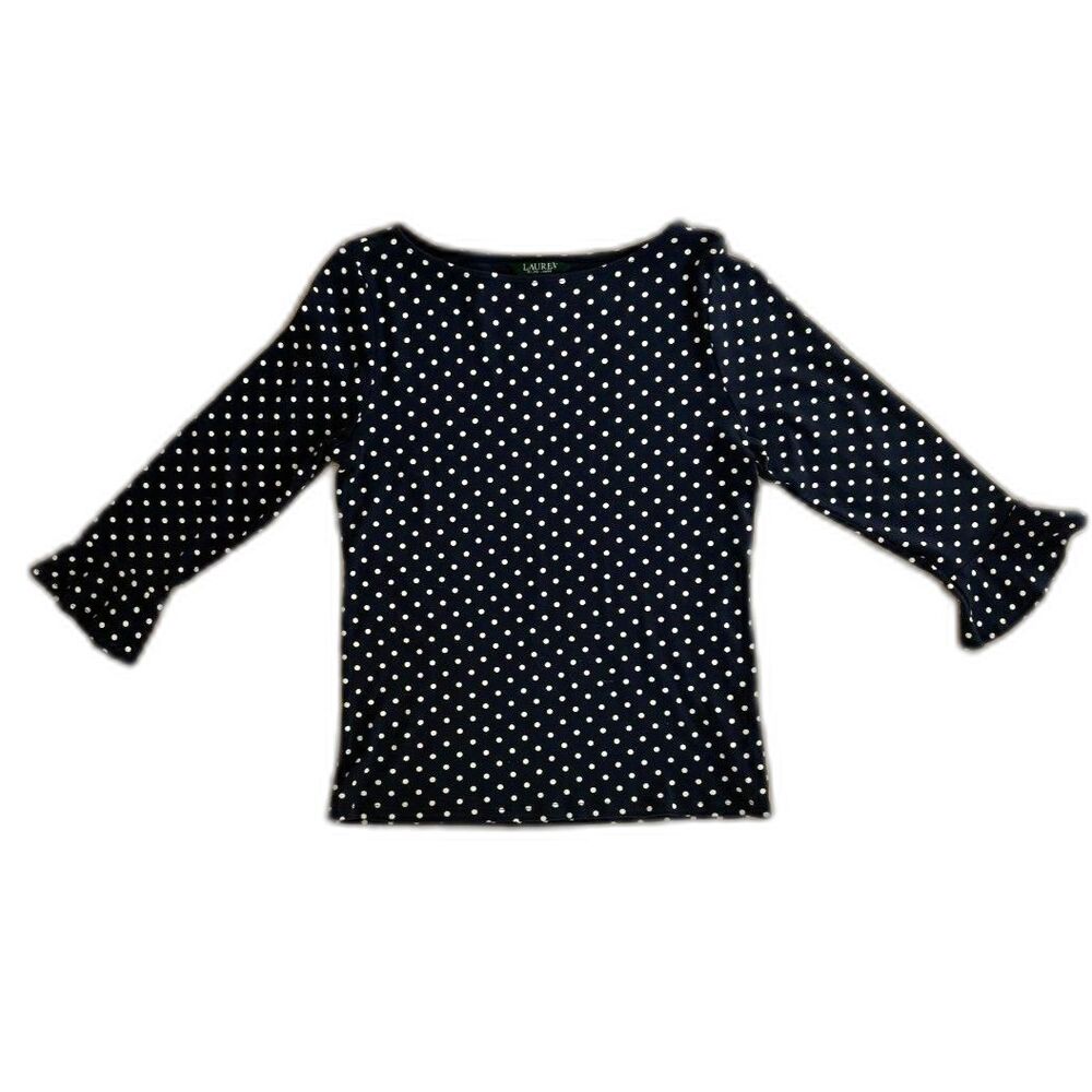 Lauren Ralph Lauren Polka Dot Boatneck Top Navy Blue White Size L Ruffle Sleeve